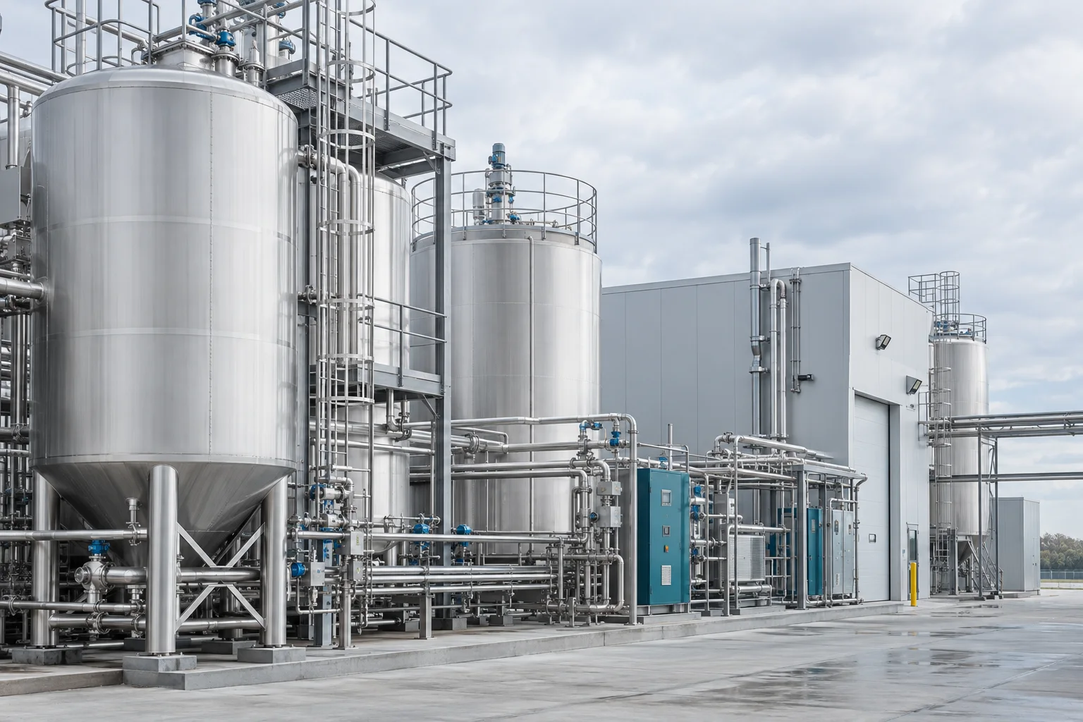 Planta industrial com tanques de aço, tubulações e plataformas metálicas