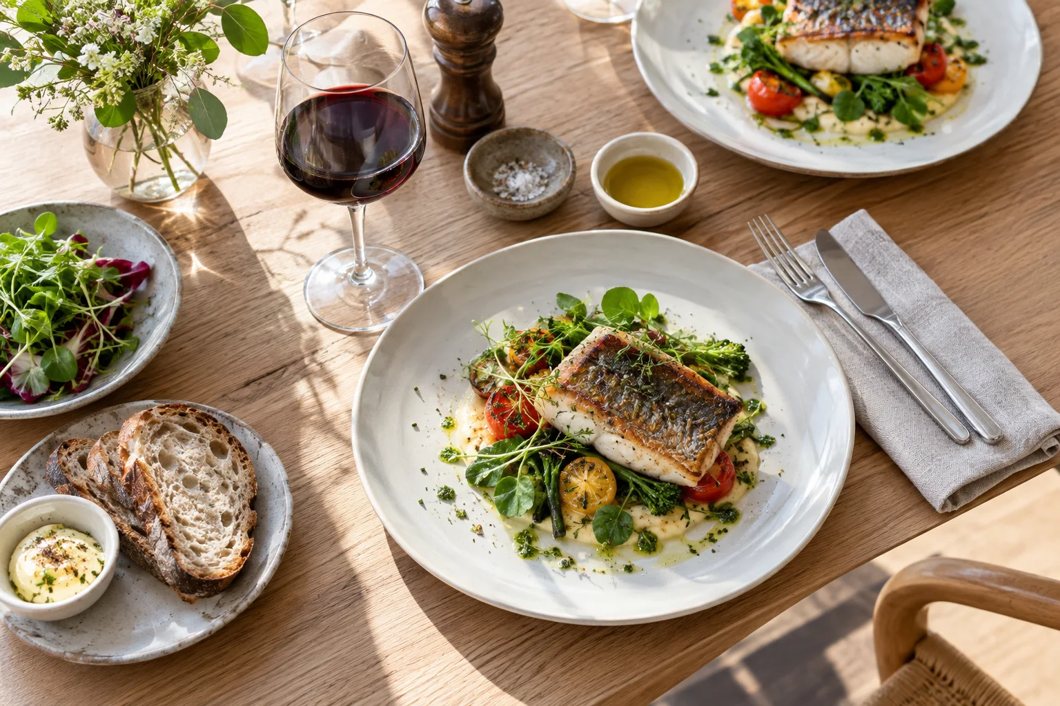 Pratos autorais com peixe, vegetais frescos e vinho sobre uma mesa de madeira